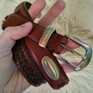 Fossil Belt Brown Leather Woven Braid Pattern With Silver/Gold Accents